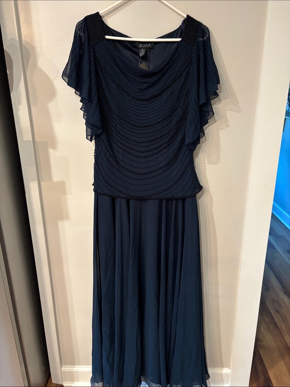 J Kara Navy Beaded Maxi Dress with Flutter Sleeves